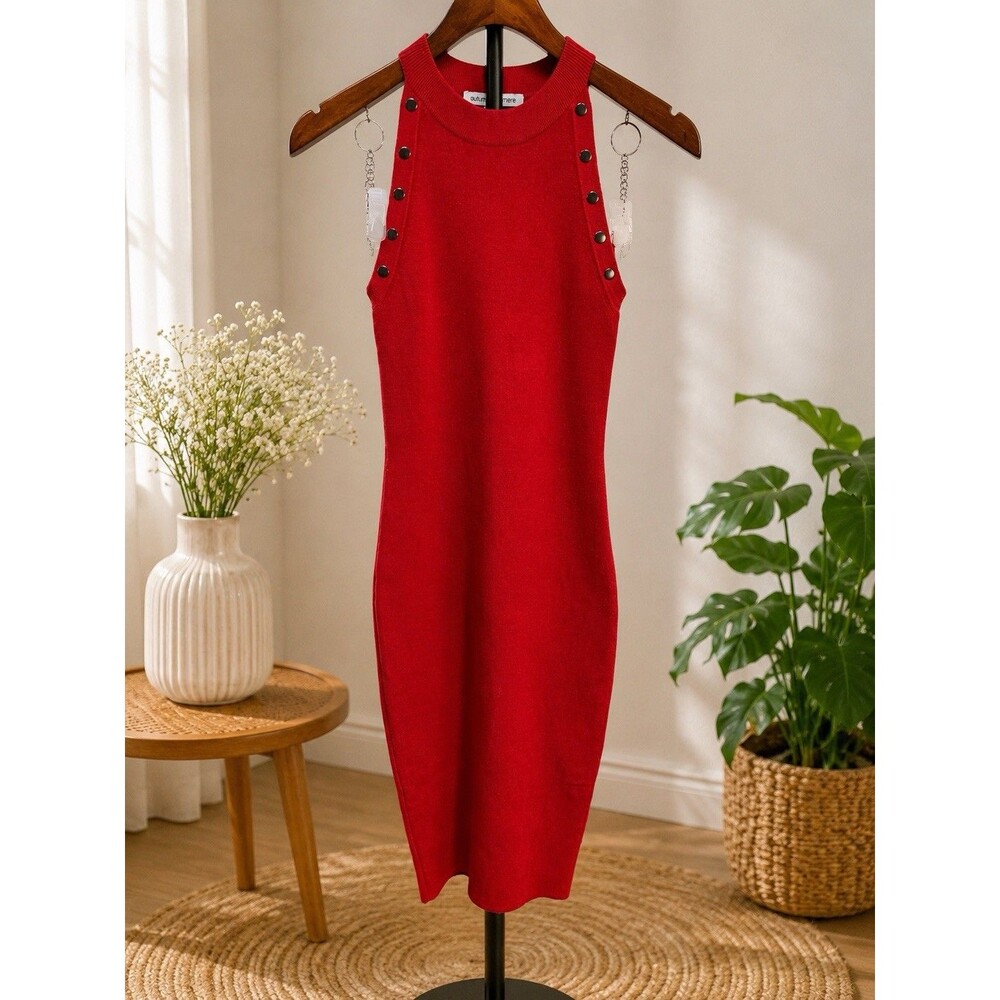 Autumn Cashmere Red Ribbed Knit Midi Dress Sleeveless Halter Bodycon Size XS